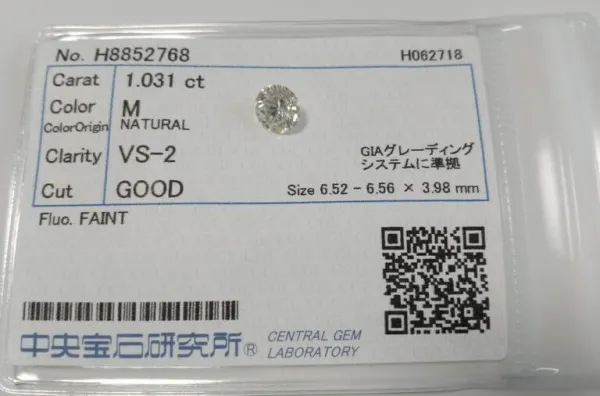 ダイヤモンドルース 1.031ct M VS-2 Good