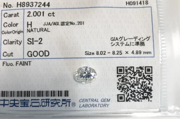 ダイヤモンドルース 2.001ct H SI-2 Good