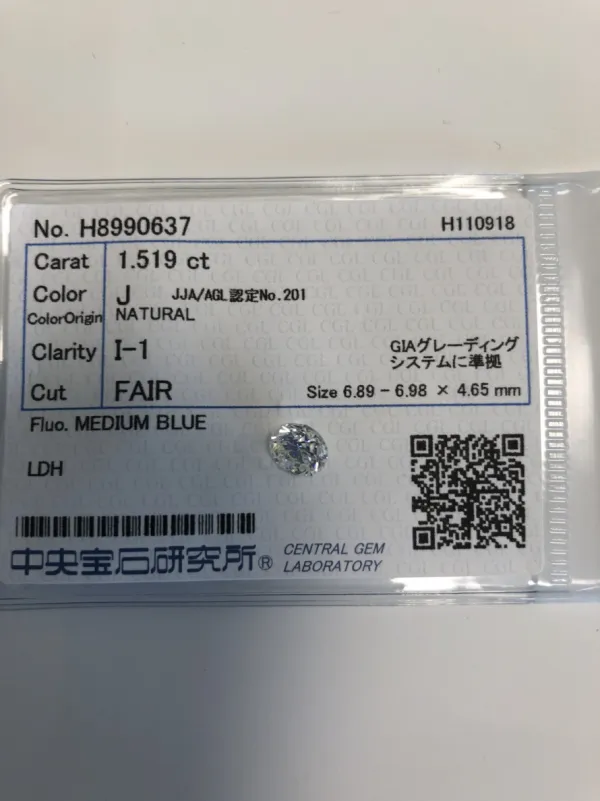ダイヤモンドルース 1.519ct J I-1 Fair