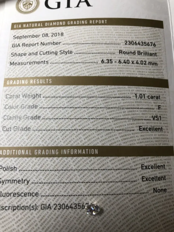 ダイヤモンドルース 1.01ct F VS-1 Excellent