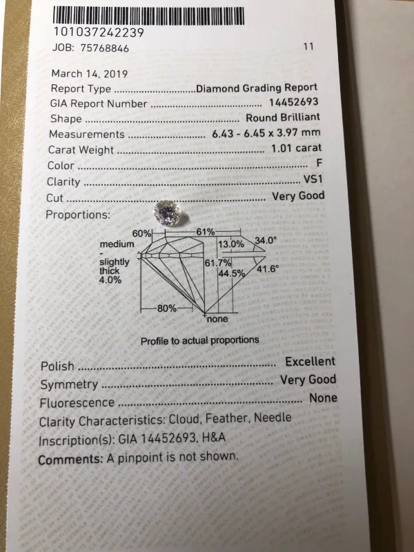ダイヤモンドルース 1.01ct F VS-1 Very Good