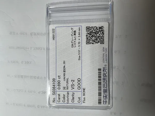ダイヤモンドルース 0.69ct H VS-2 Good