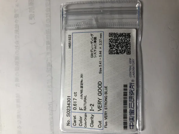 ダイヤモンドルース 0.617ct F I-2 Very Good