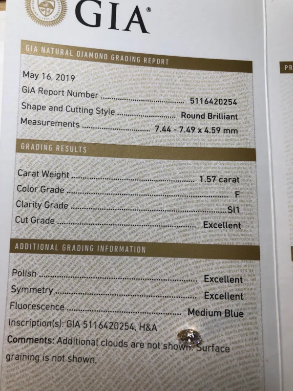 ダイヤモンドルース 1.57ct F SI-1 Excellent