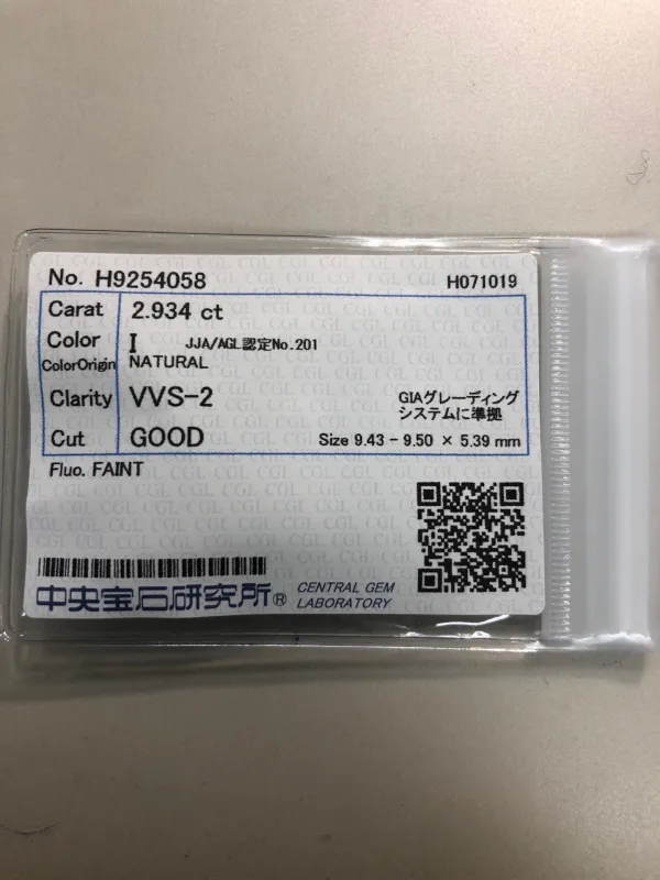 ダイヤモンドルース 2.934ct I VVS-2 Good