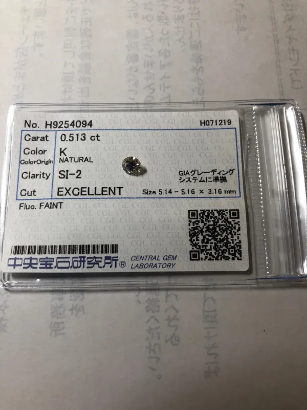 ダイヤモンドルース 0.513ct K SI-2 Excellent