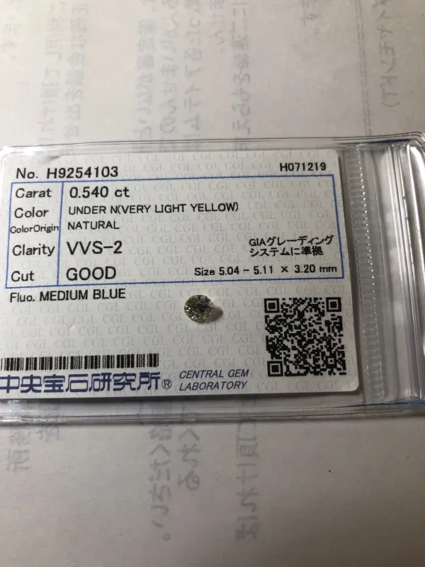 ダイヤモンドルース 0.54ct UNDER N VVS-2 Good
