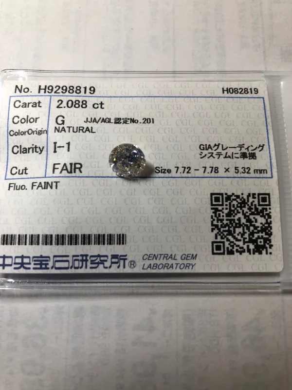 ダイヤモンドルース 2.088ct G I-1 Fair