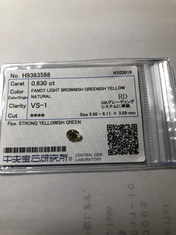 ダイヤモンドルース 0.83ct Fancy Brownish Greenish Yellow VS-1