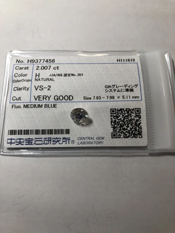ダイヤモンドルース 2.007ct H VS-2 Very Good