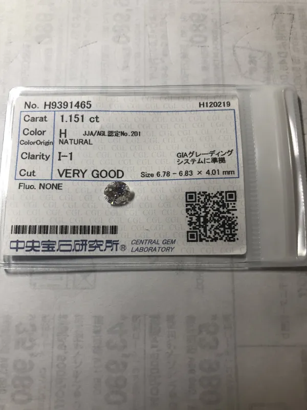 ダイヤモンドルース 1.151ct H I-1 Very Good
