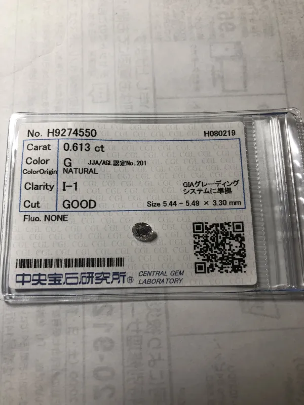 ダイヤモンドルース 0.613ct G I-1 Good