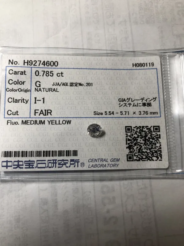 ダイヤモンドルース 0.785ct G I-1 Fair