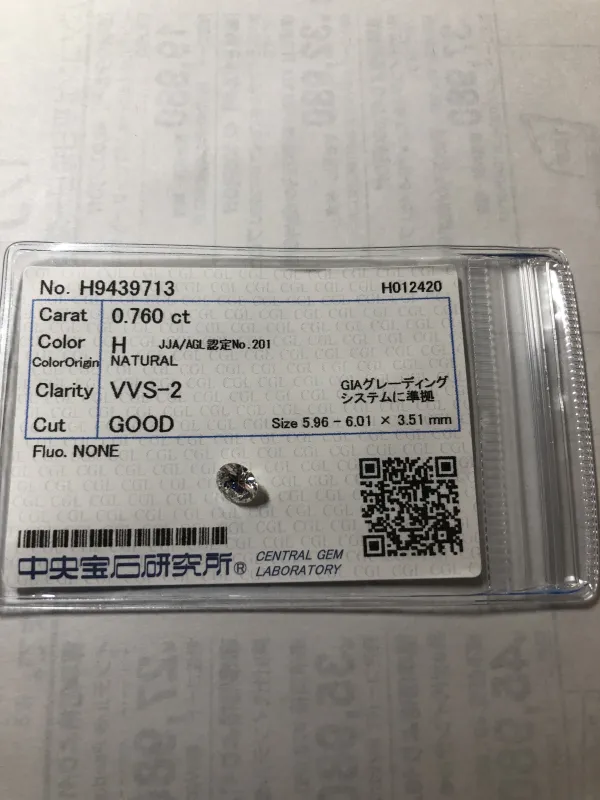 ダイヤモンドルース 0.76ct H VVS-2 Good
