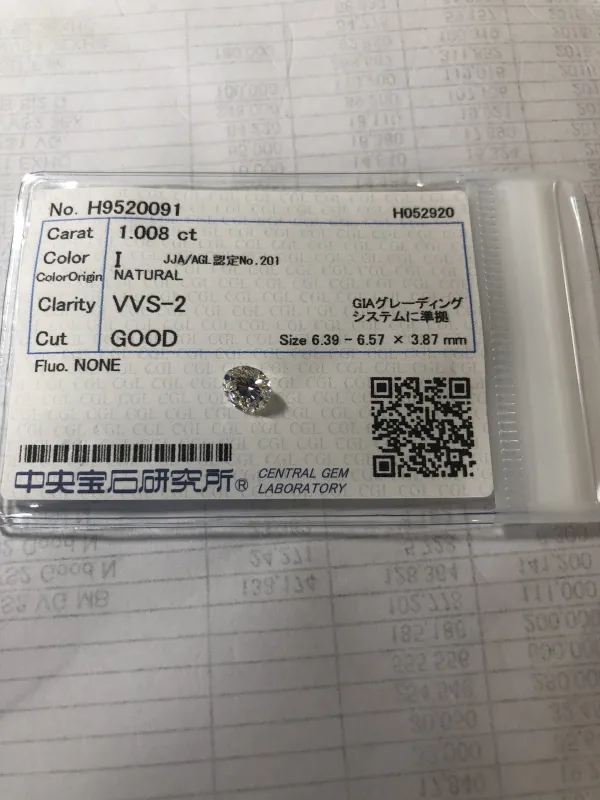 ダイヤモンドルース 1.008ct I VVS-2 Good