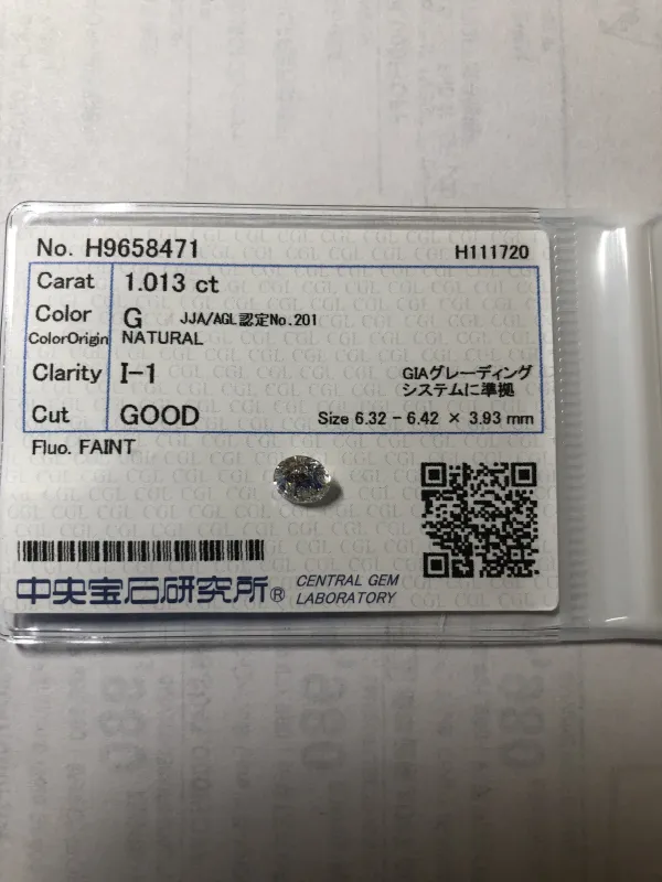 ダイヤモンドルース 1.013ct G I-1 Good