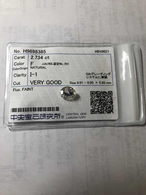 ダイヤモンドルース 2.734ct F I-1 Very Good