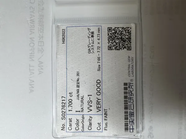 ダイヤモンドルース 1.7ct I VVS-1 Very Good