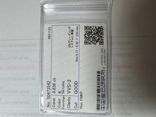 ダイヤモンドルース 0.838ct K VVS-2 Good