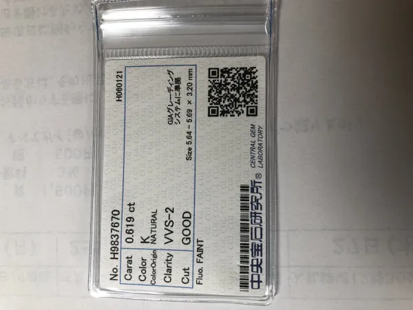 ダイヤモンドルース 0.619ct K VVS-2 Good