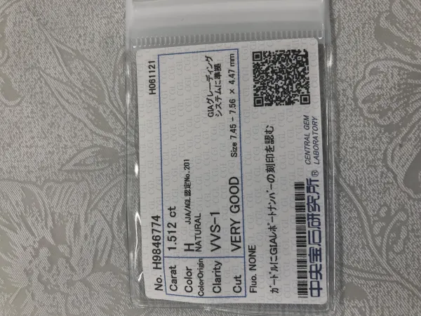 ダイヤモンドルース 1.512ct H VVS-1 Very Good