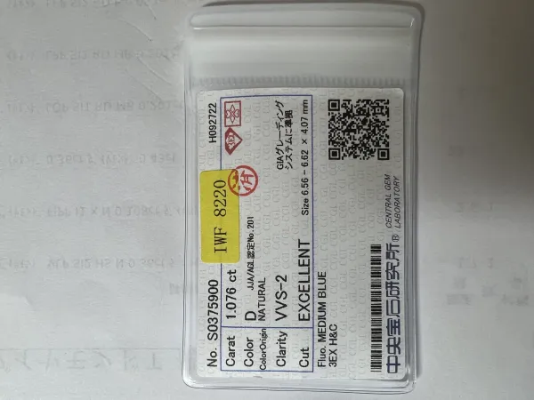ダイヤモンドルース 1.076ct D VVS-2 3EX