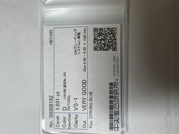 ダイヤモンドルース 1.031ct D VS-1 Very Good